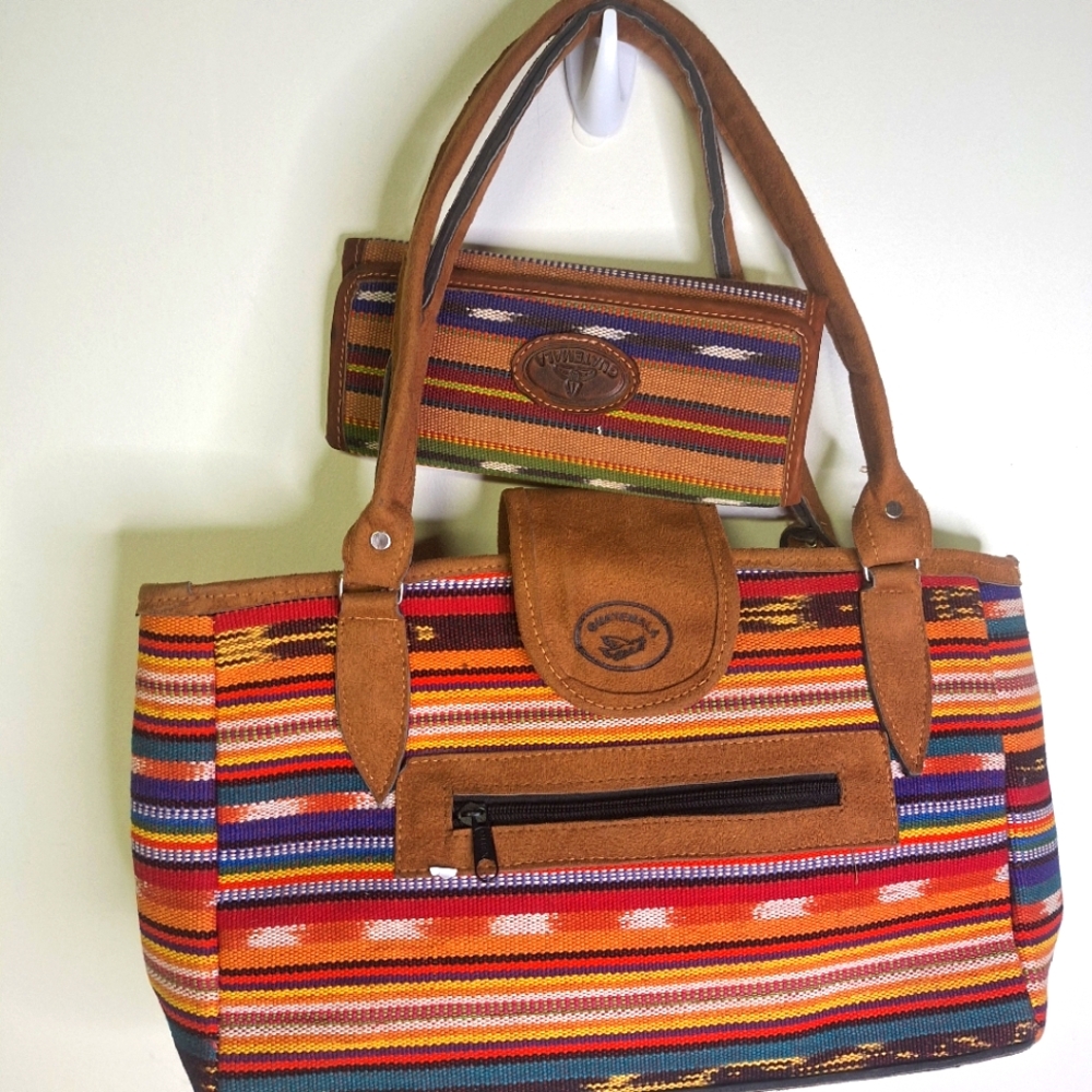 Red and Brown Shoulder Bag with Vibrant Stripes